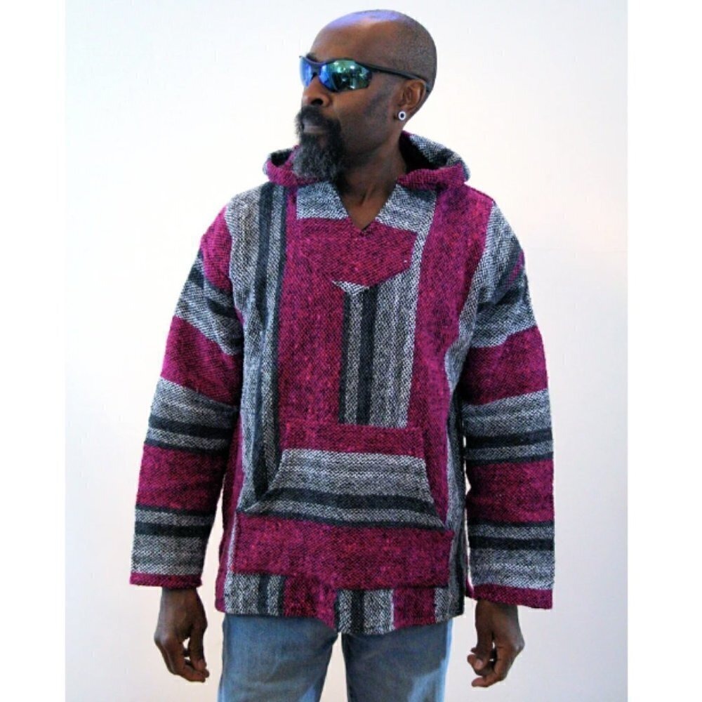 Iguana Jack Vintage Unisex Baja Woven‎ Pullover Hoodie Pink & Gray Size S